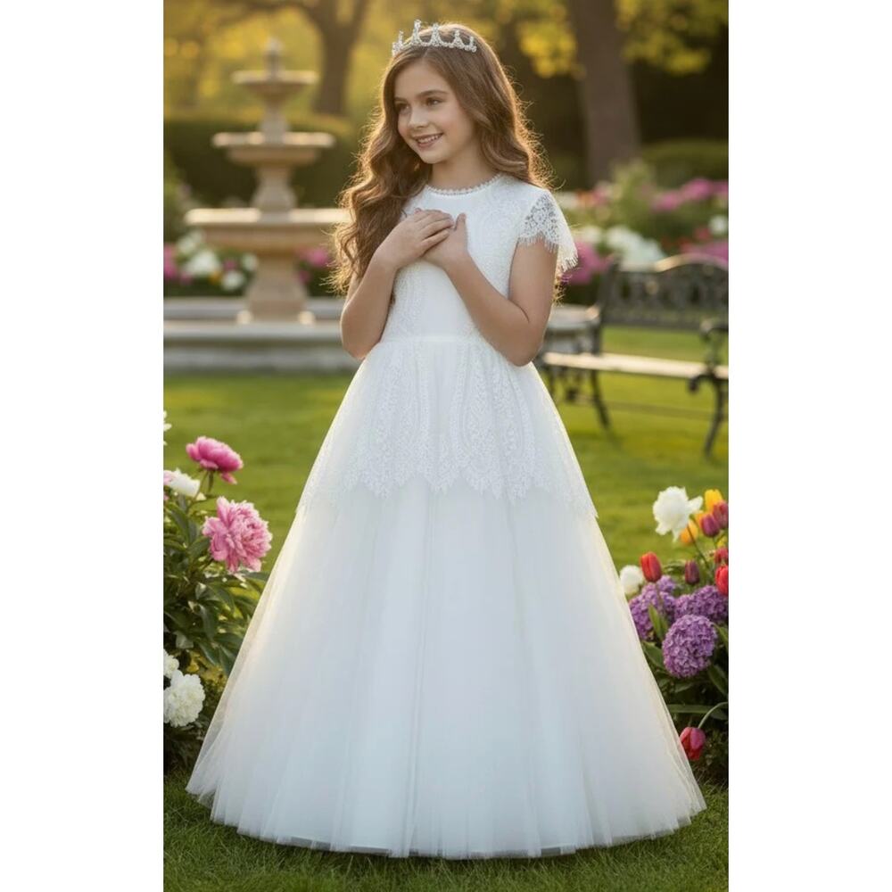 Trish Scully White Lace Tulle Layered Formal Dress Size 12